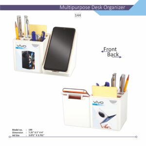 A customizable white desk organizer with a phone stand, featuring multiple compartments and a branded logo on the front.