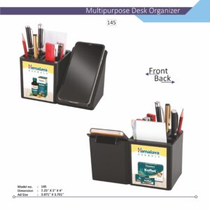 A black custom desk organizer with a phone stand, multiple compartments, and a branded logo on the front.