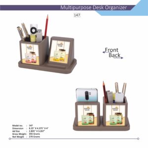 A] customized brown desk organizer with a phone stand, dual compartments, and a branded logo on the front.