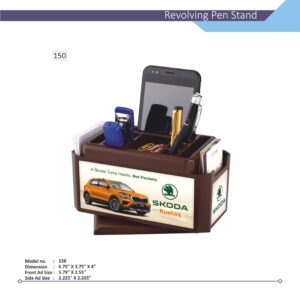 A brown custom revolving pen stand with a phone holder, multiple compartments, and a branded logo on the front.