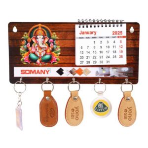 Wooden Wall Mount Key Holder with Calendar and Ganesh Ji Image, 5 Hooks for Home/Office