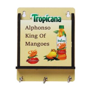 Wall-mount MDF Key Holder with three metal hooks, a small mail shelf, and a large branding panel featuring a "Your Logo" graphic and product image, ideal for corporate gifting and home organization