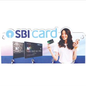 MDF Key Holder with four hooks, featuring an extra-large custom branding area with a "Your Logo" graphic and image of a woman and credit cards. Ideal for wall-mounting in offices or homes.
