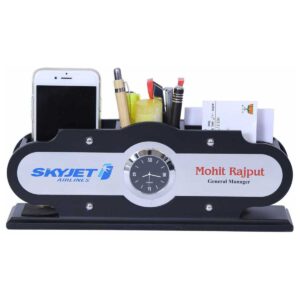 Black Wooden Desk Organizer with Clock, Multi-Section Pen Stand, Mobile Stand & Memo Holder – Executive Corporate Gift
