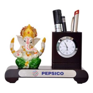 Custom Branding Wooden Desktop Organizer with Clock, Ganesh Idol, and Pen Holder