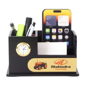 Executive Custom Branding Wooden Desktop Organizer with Clock, Mobile Stand, and Pen Holder