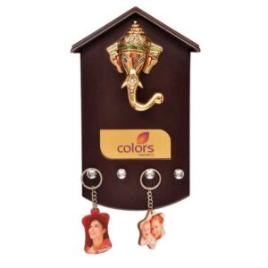 Wooden Hanging Desktop with Elephant Ganesha Head Murti and Key Hanger, House-Shaped Design