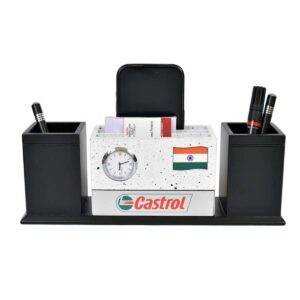 Desktop Organizer with Watch, Mobile Stand, Memo Pad, Pen Holders & Indian Flag - Custom Branding Wooden Desk Accessory