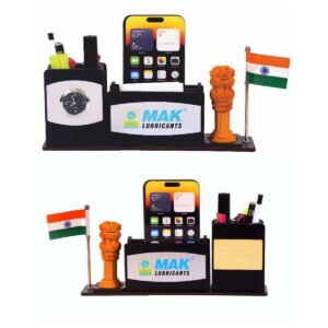 Executive Desktop Organizer with Ashoka Pillar, Clock, Mobile Stand, and Pen Holders