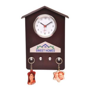 Wooden Hanging Desktop with Watch and Key Hanger, House-Shaped Wall Clock and Organizer