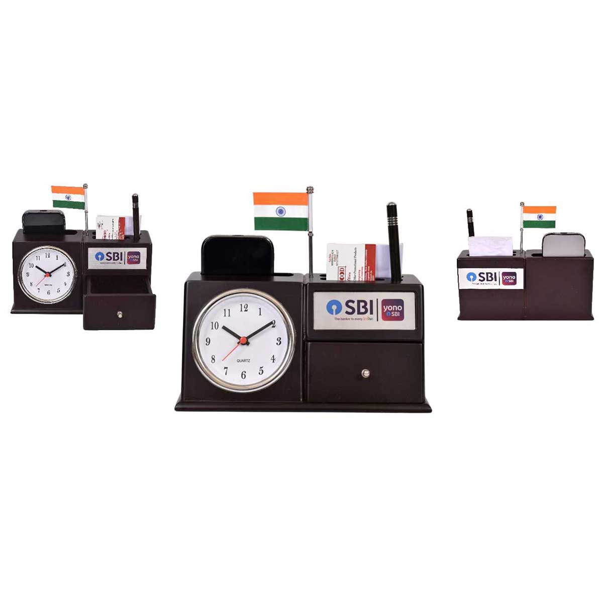 Wooden Desktop Organizer | Clock, Drawer, Flag