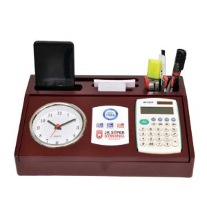 Deluxe Wooden Desktop Organizer with Clock, Calculator, Mobile Stand, and Multi-Storage