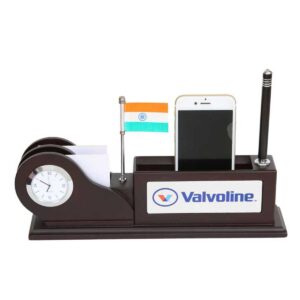 Deluxe Wooden Desktop Organizer with Clock, Calculator, Mobile Stand, and Multi-Storage