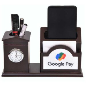 Dual-Unit Wooden Desktop Organizer with Clock, Mobile Stand, Memo Pad, and Pen Holder
