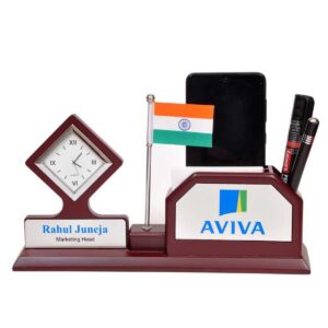 Custom Branded Wooden Desktop Organizer with Clock, Flag, Mobile Stand & Pen Holder
