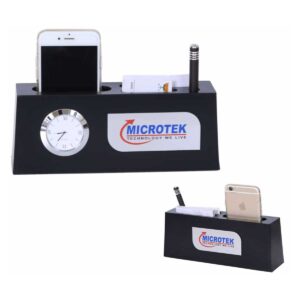 Black Wooden Executive Desktop Organizer with Watch, Mobile Stand, Memo Pad & Pen Holder