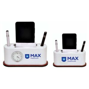 Custom White Wooden Desktop Organizer Set with Clock, Mobile Stand & Pen Slots