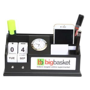 Black Executive Desktop Organizer with Dice Calendar, Clock, Mobile Stand & Pen Holders