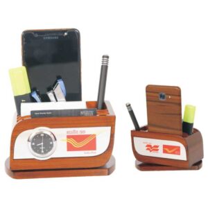 Elegant Wooden Desktop Organizer with Clock, Mobile Stand, Memo Pad , Pen and Custom Branding