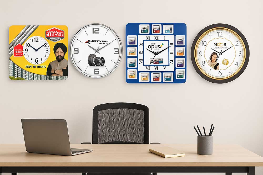 custom printed wall clocks displayed on office wall