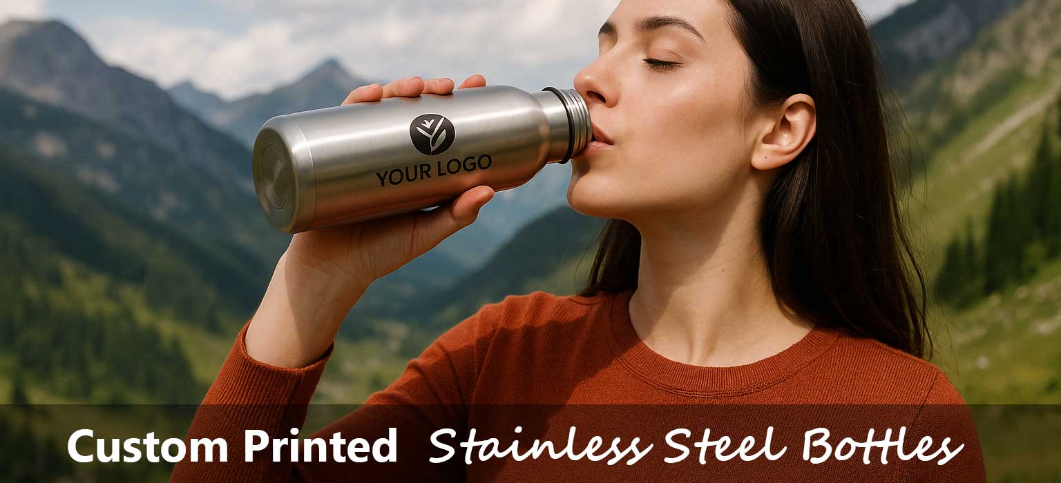 girl drinking water from custom printed stainless steel bottle in mountains