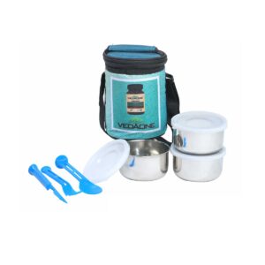 Corporate Insulated Lunch Bag Set with Two Stainless Steel Tiffins and Blue Cutlery,