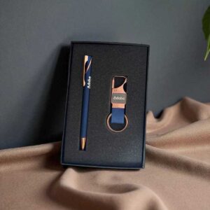 Luxury 2-in-1 Corporate Gift Set | Blue & Rose Gold Pen with Metal Hook Keychain Combo