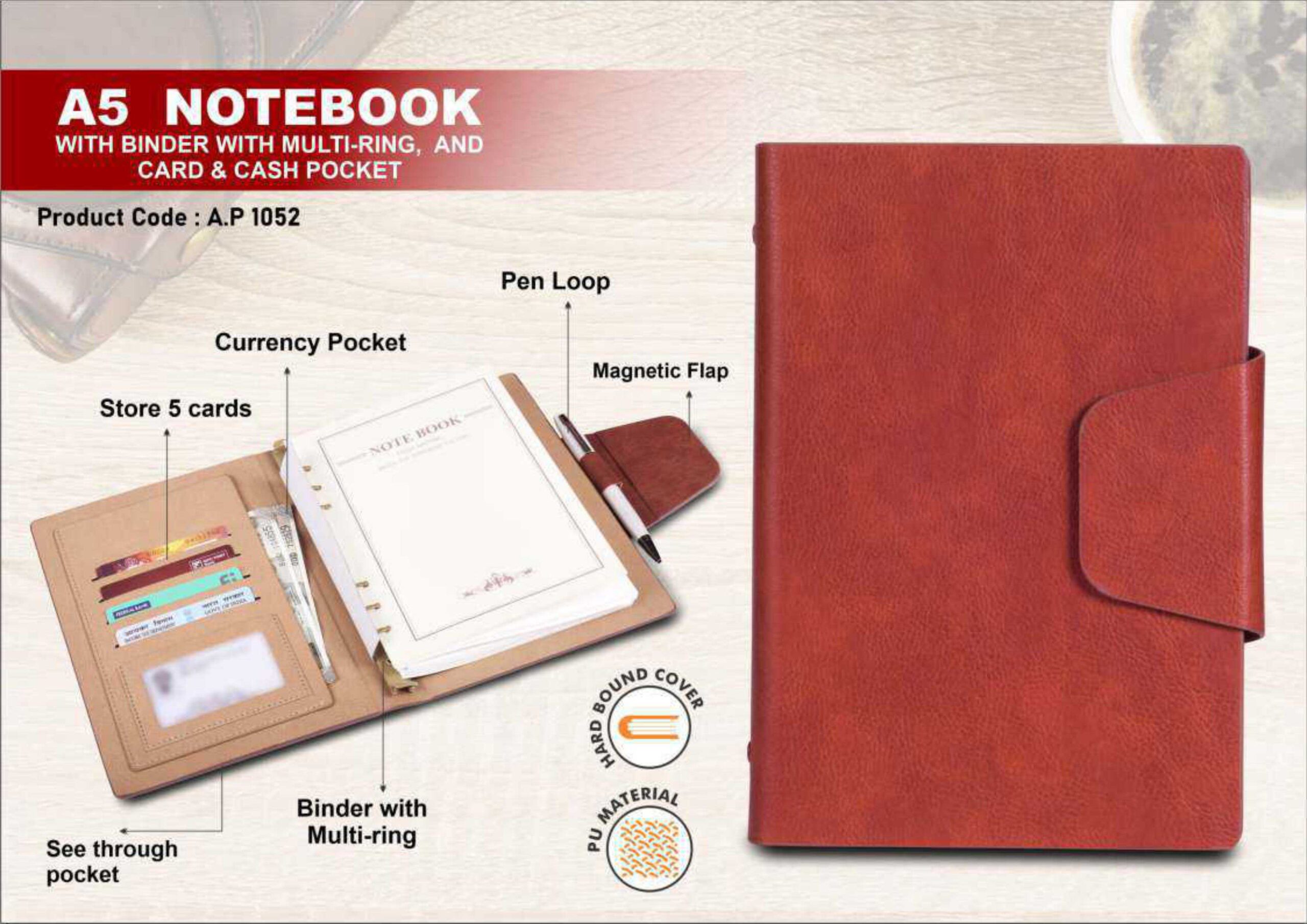 A5 Notebook with Multi-Ring Binder & Cash Pocket – PU Leather Hard Bound Organizer