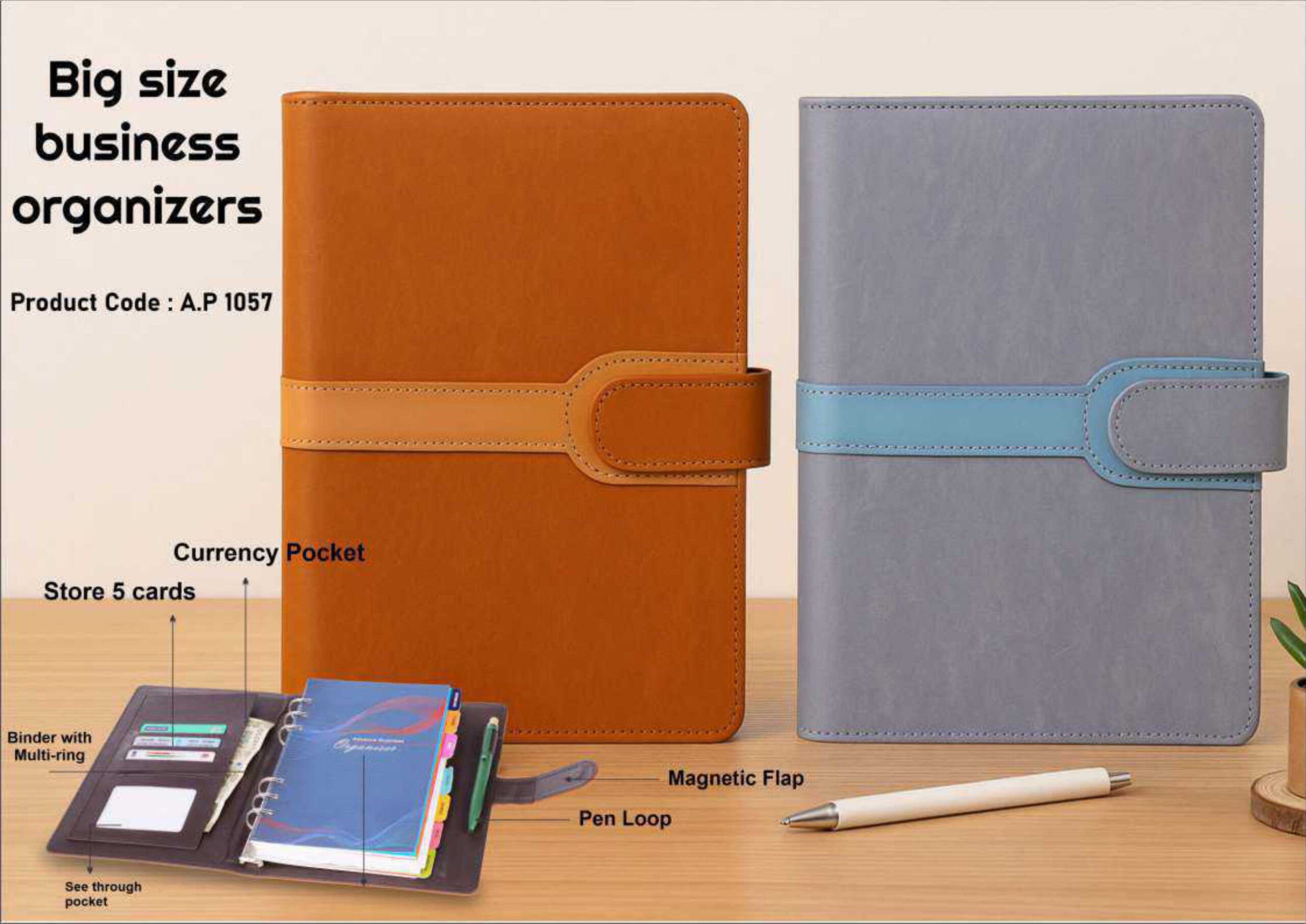 Big Size Business Organizer with Multi-Ring Binder & Magnetic Flap – PU Leather Planner