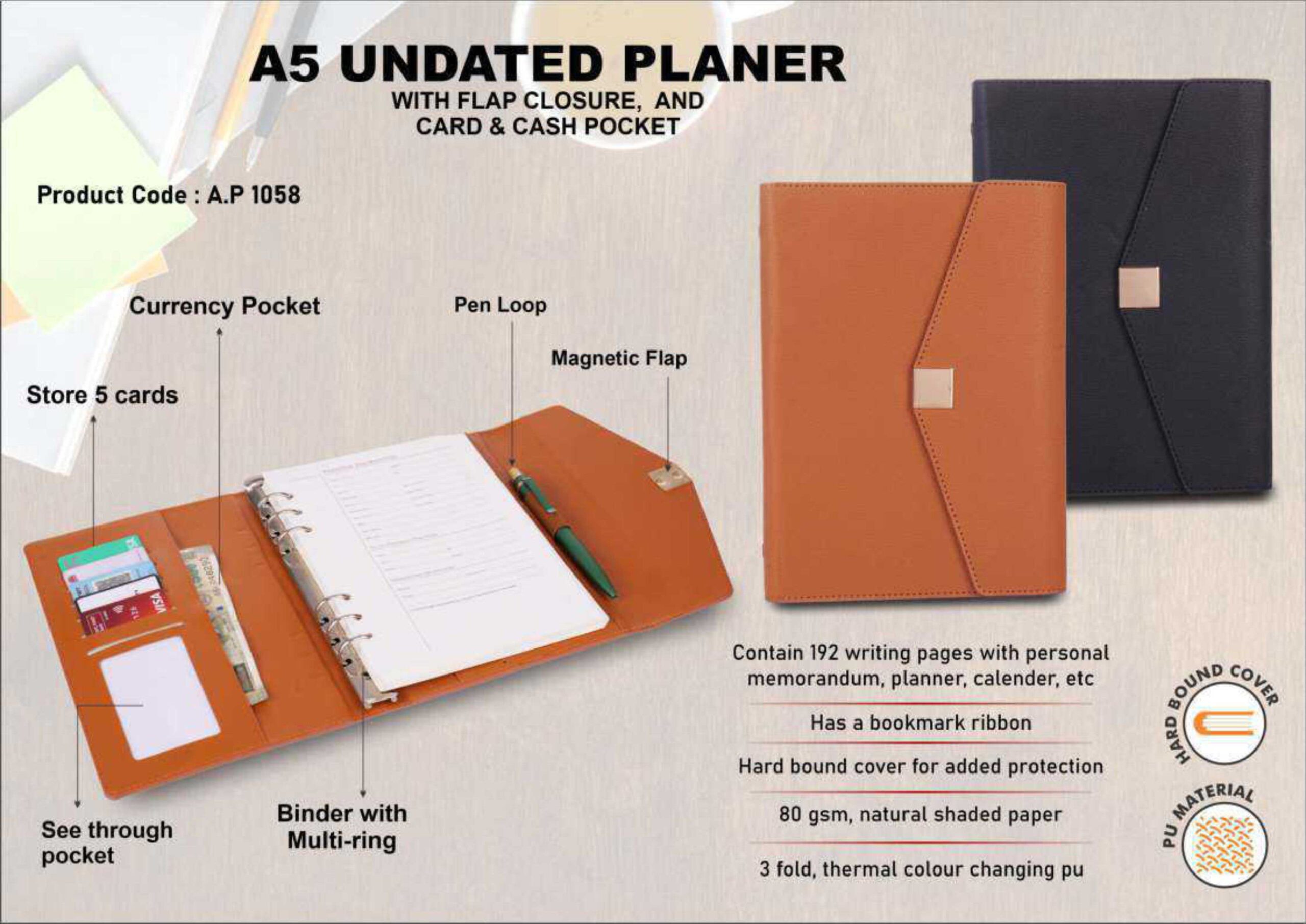 A5 Undated Planner with Magnetic Flap & Multi-Ring Binder – PU Leather Organizer