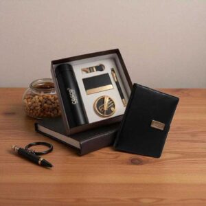 Luxury 6-in-1 Black & Gold Corporate Gift Set | Notebook, Bottle, Card Holder, Pen, Keychain & Coaster Combo