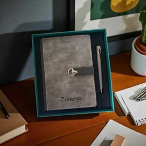 Premium 2-in-1 Corporate Gift Set with Custom Logo | Grey Leather Diary & Pen Combo by Metso