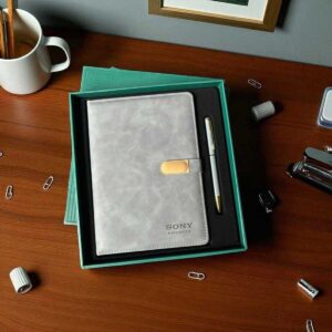Premium 2-in-1 Corporate Gift Set with Custom Logo | Executive Grey Diary & Pen Combo by Sony