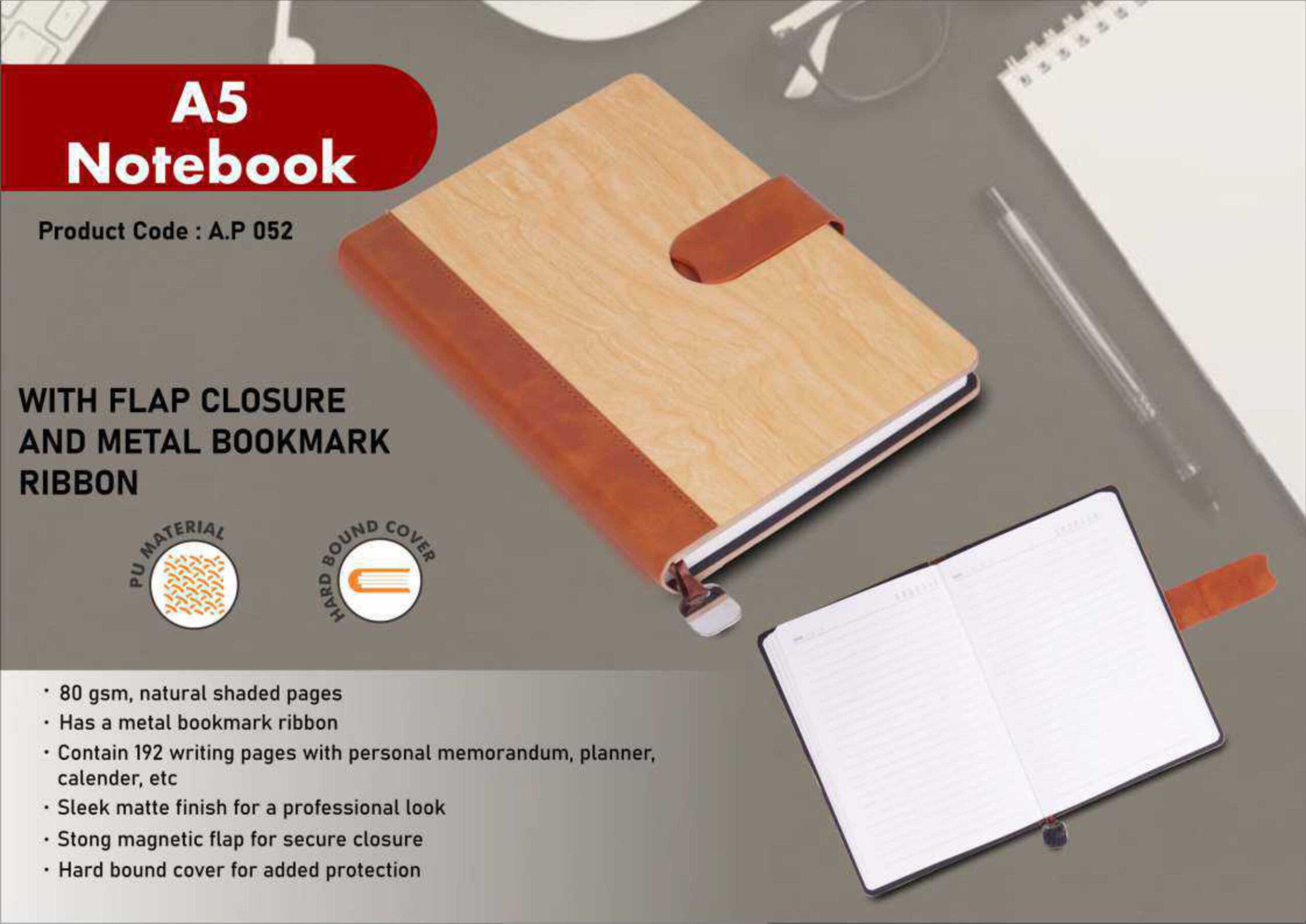 A5 Notebook with Flap Closure and Metal Bookmark Ribbon – Premium Wooden Finish Hard Bound Diary