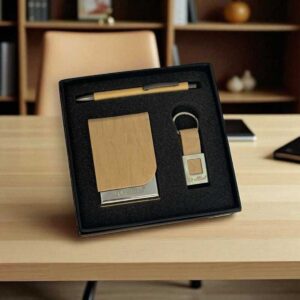 Premium 3-in-1 Wooden Finish Corporate Gift Set | Custom Logo Gift Combo for Business & Branding
