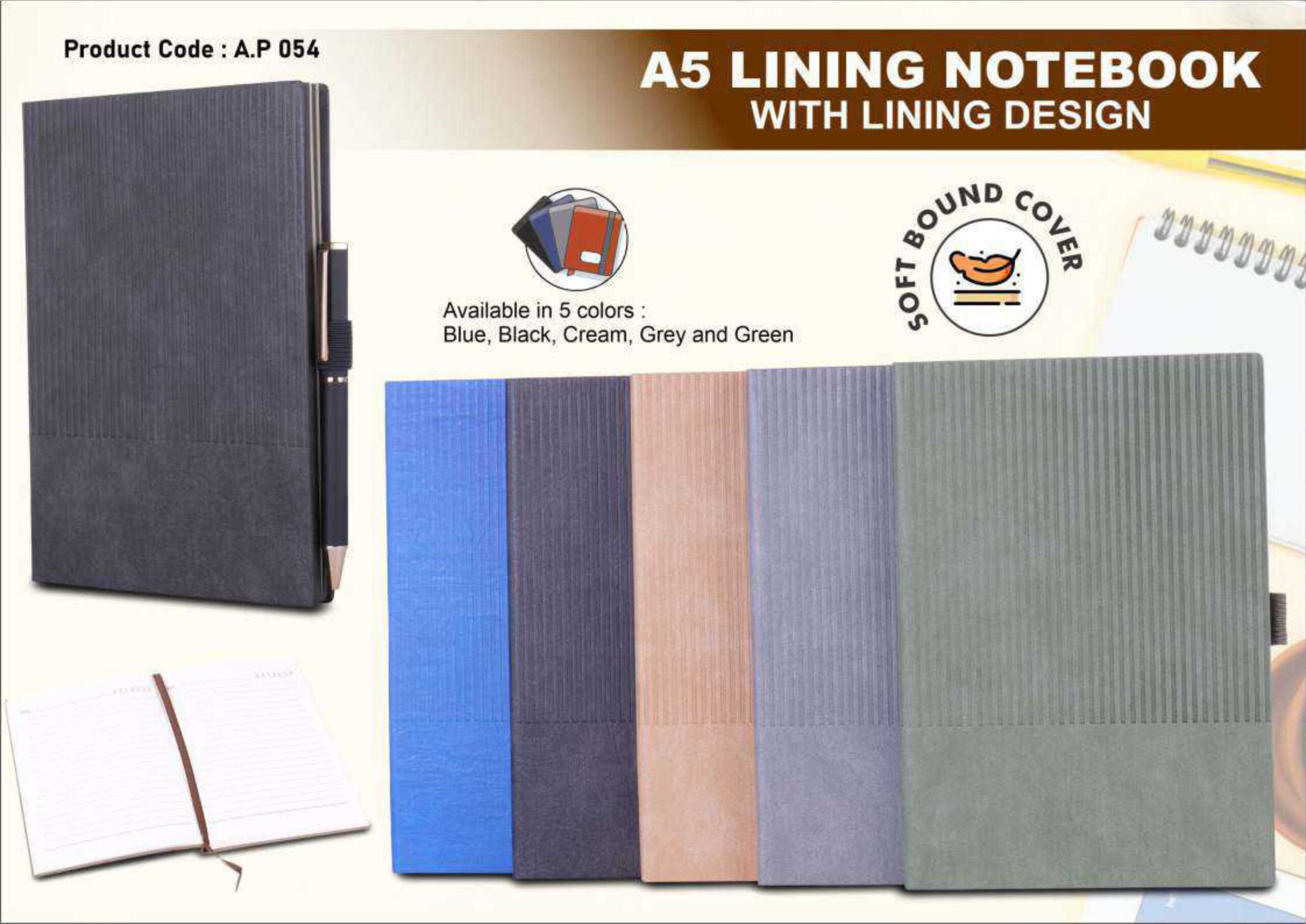 A5 Lining Notebook with Lining Design – Soft Bound Executive Diary (Available in 5 Colors)