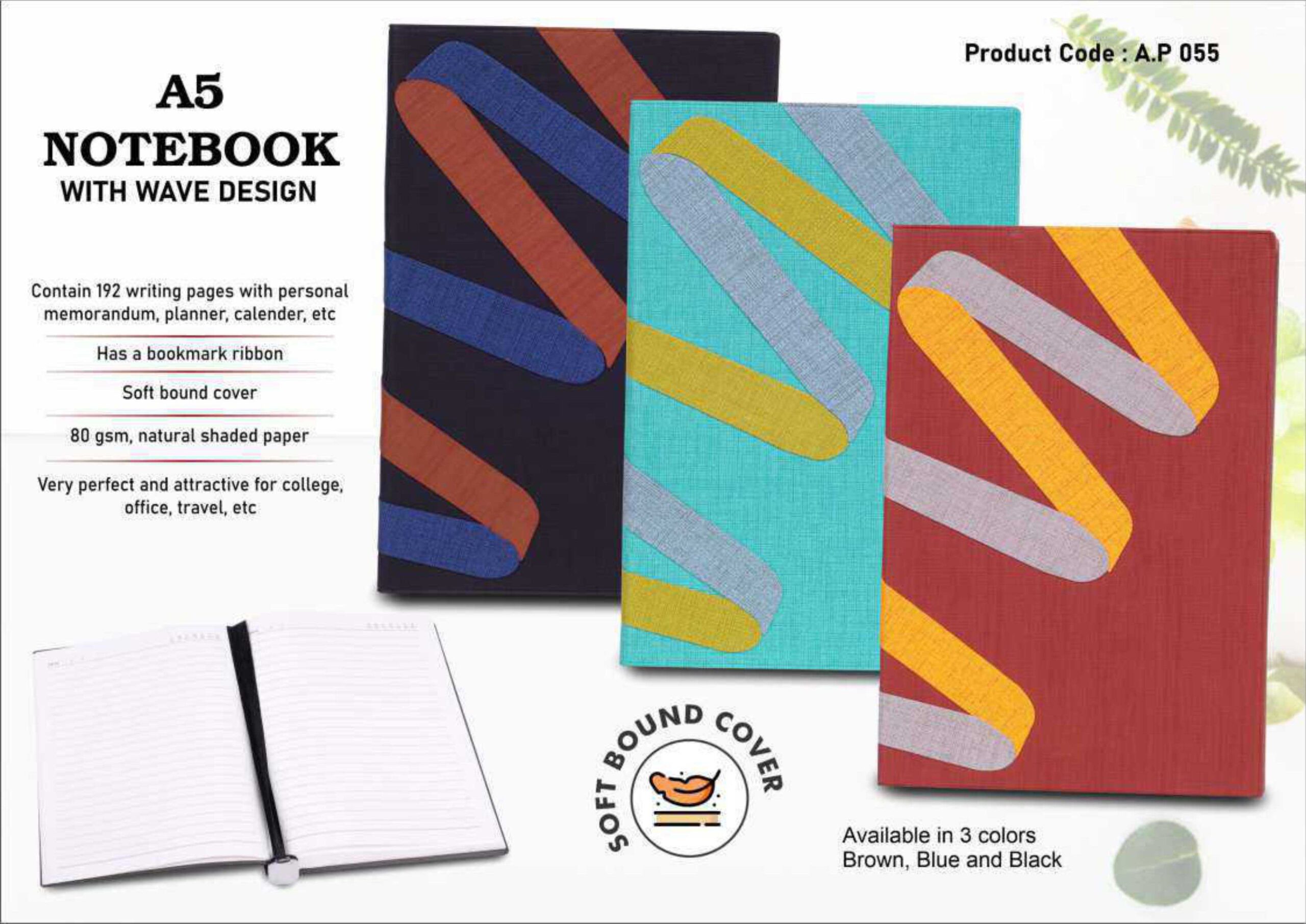 A5 Notebook with Wave Design – Soft Bound Multi-Color Executive Diary