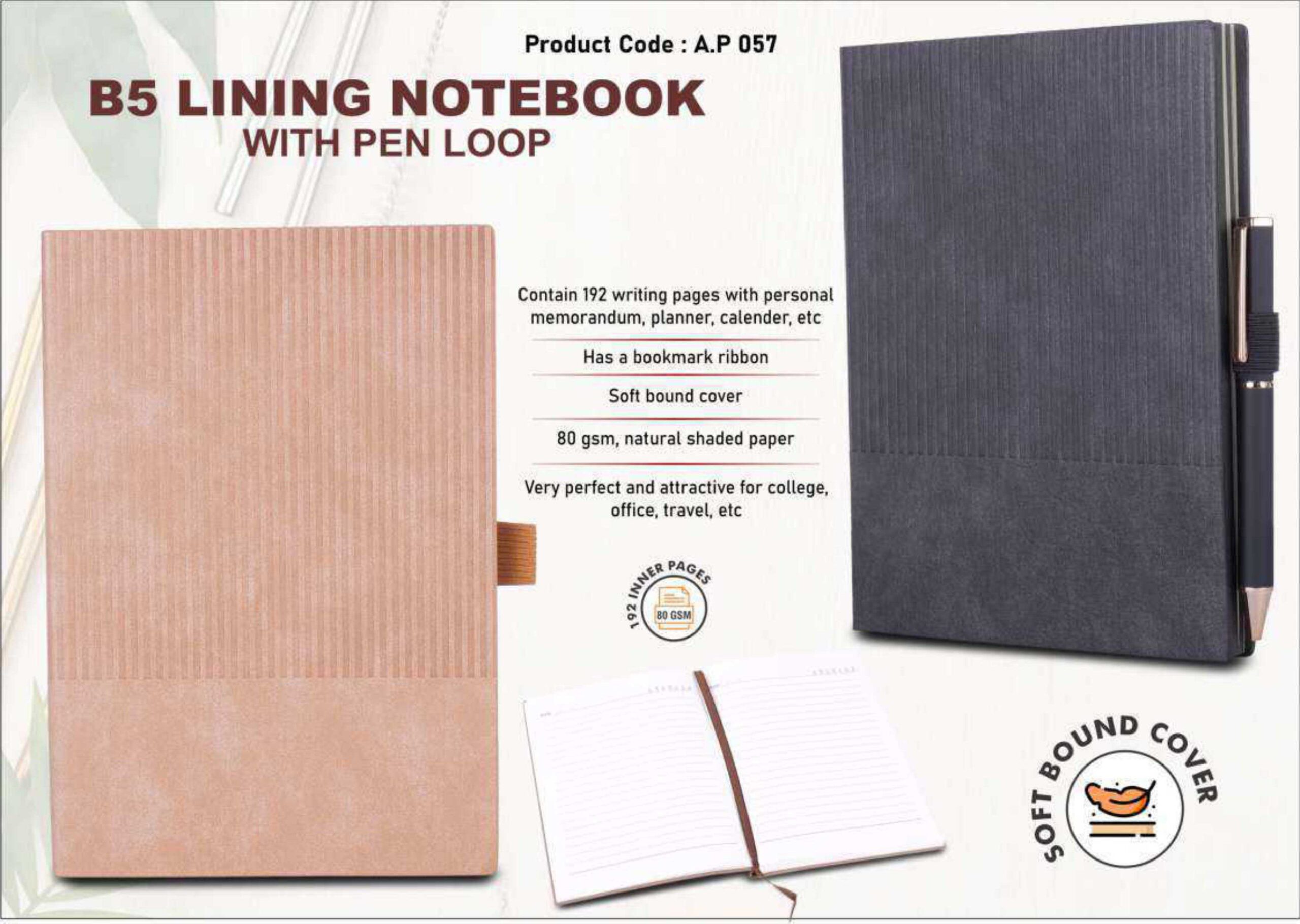 B5 Lining Notebook with Pen Loop – Premium Soft Bound Diary for Office and College Use