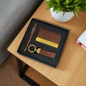Premium 3-in-1 Brown Executive Corporate Gift Set | Custom Logo Printed Business Gift Combo