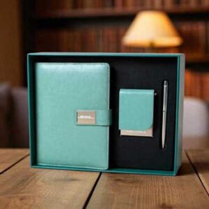 Premium 3-in-1 Teal Corporate Gift Set | Custom Logo Printed Executive Combo with Diary, Card Holder & Pen