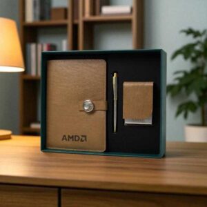 Premium 3-in-1 Tan Leather Corporate Gift Set | Custom Logo Printed Executive Combo with Diary, Card Holder & Pen