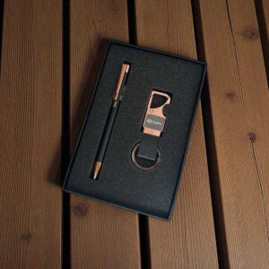 Luxury 2-in-1 Corporate Gift Set | Black & Rose Gold Pen with Metal Hook Keychain Combo