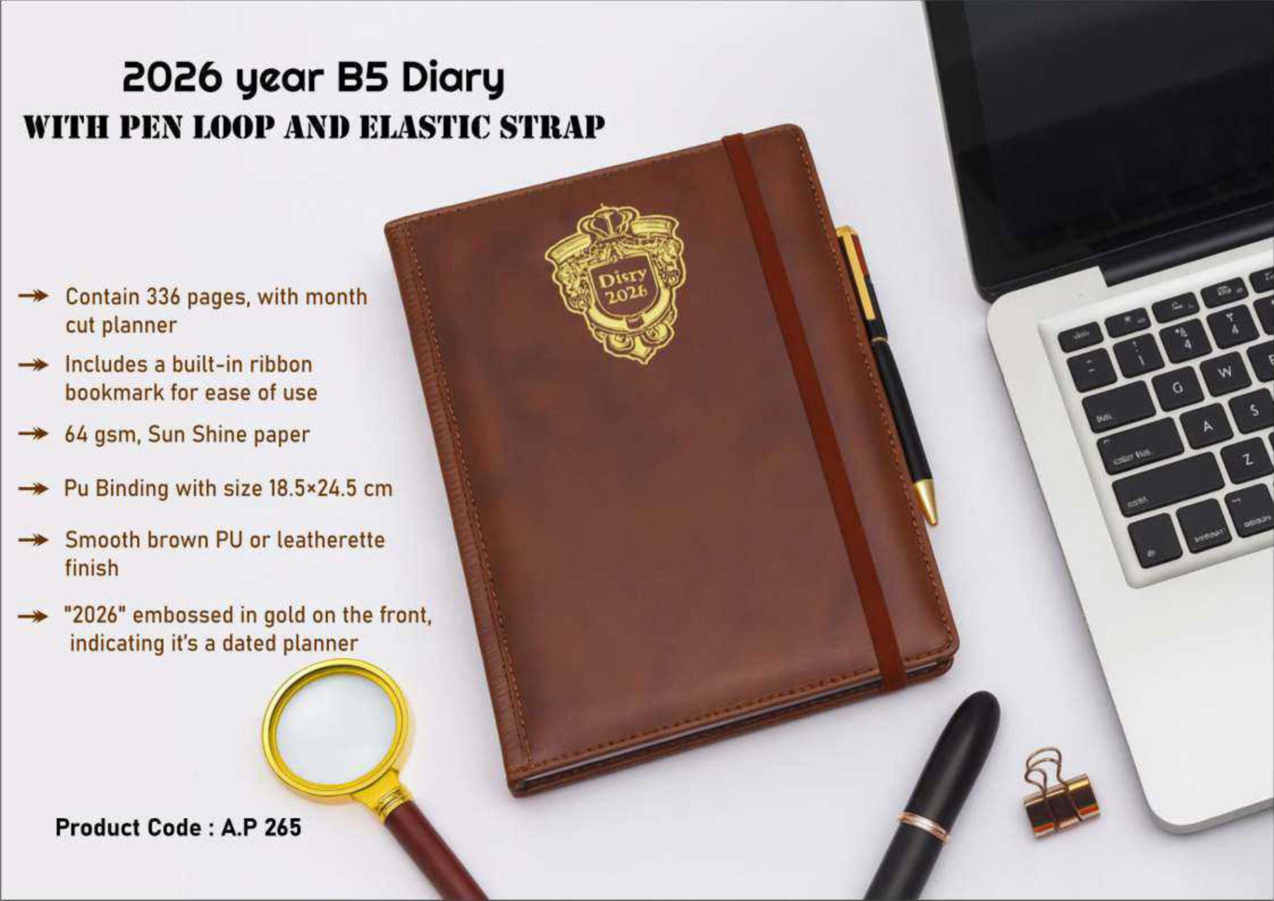 73 2026 Year B5 Diary with Pen Loop and Elastic Strap – Brown PU Leatherette Finish