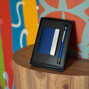Stylish 2-in-1 Corporate Gift Set | Blue Card Holder & Pen Combo with Custom Logo Printing