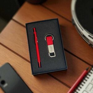 Premium 2-in-1 Corporate Gift Set | Red Metal Pen & Keychain Combo with Custom Logo Printing