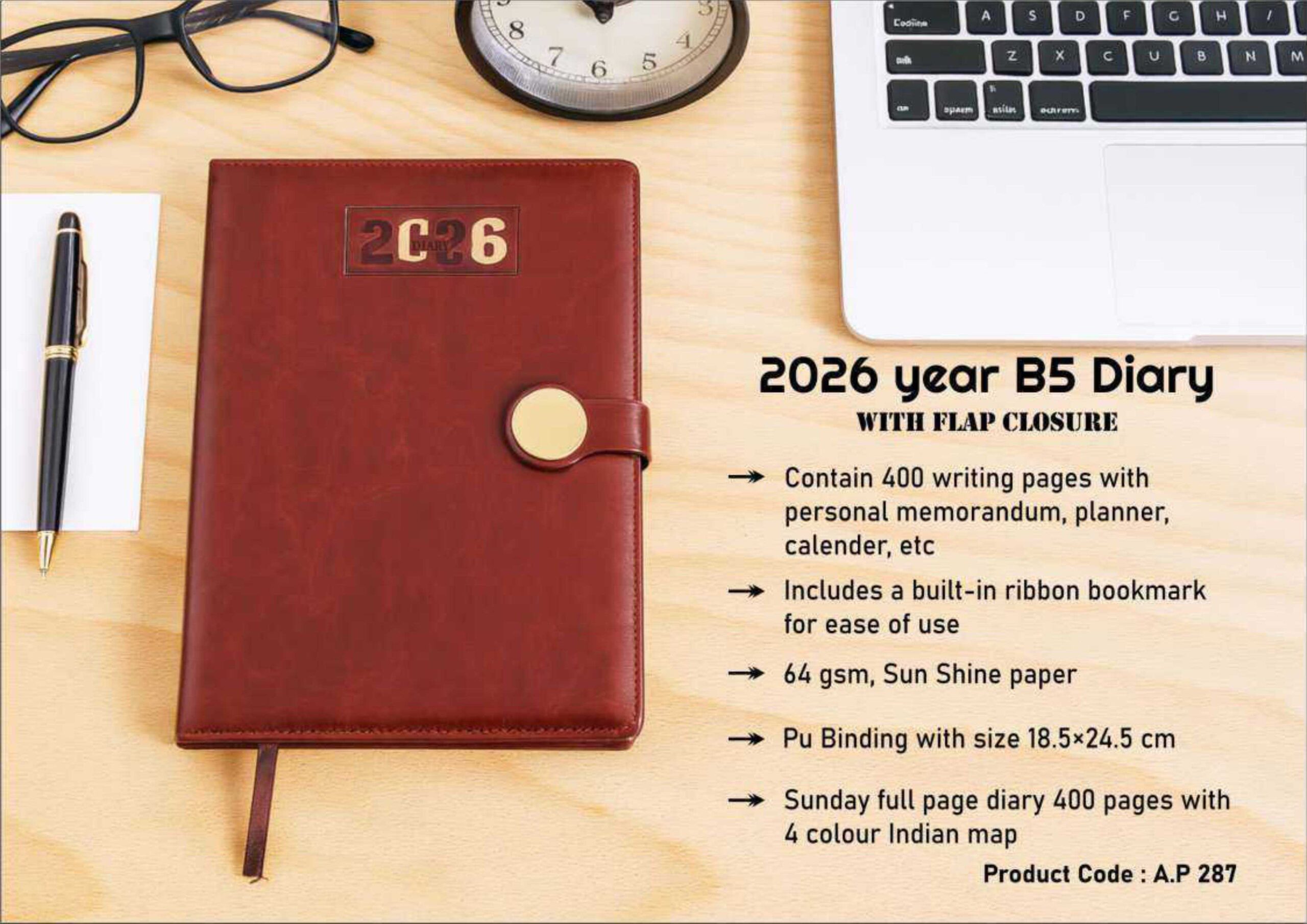 2026 B5 Executive Diary with Flap Closure – Premium PU Leather Corporate Gift Diary