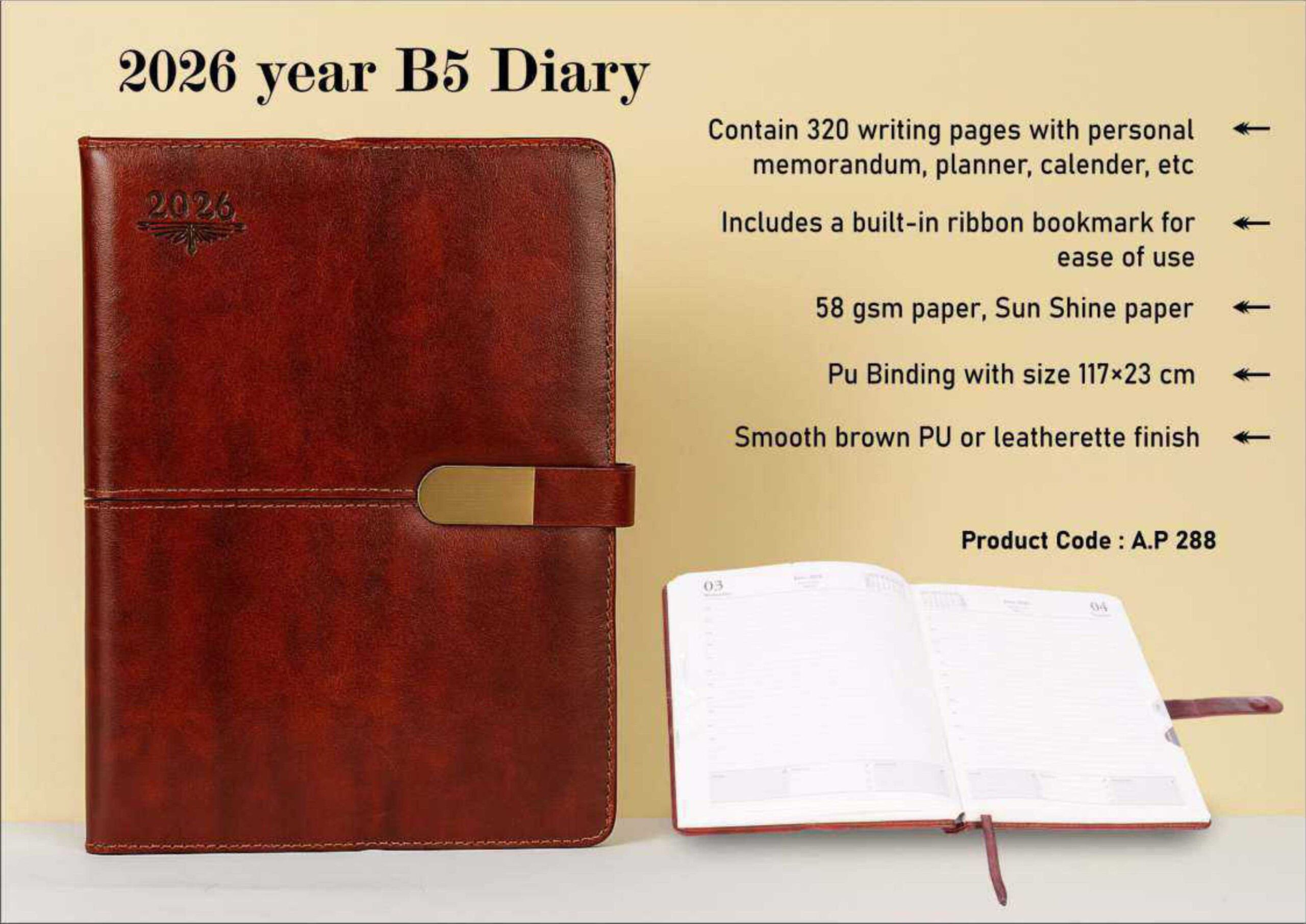 2026 B5 Diary with Brown PU Finish and Flap Closure – Executive Corporate Gift Diary