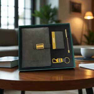 Premium 4-in-1 Corporate Gift Set | Custom Logo Executive Gift Combo (Servo Edition – Grey & Gold Finish)