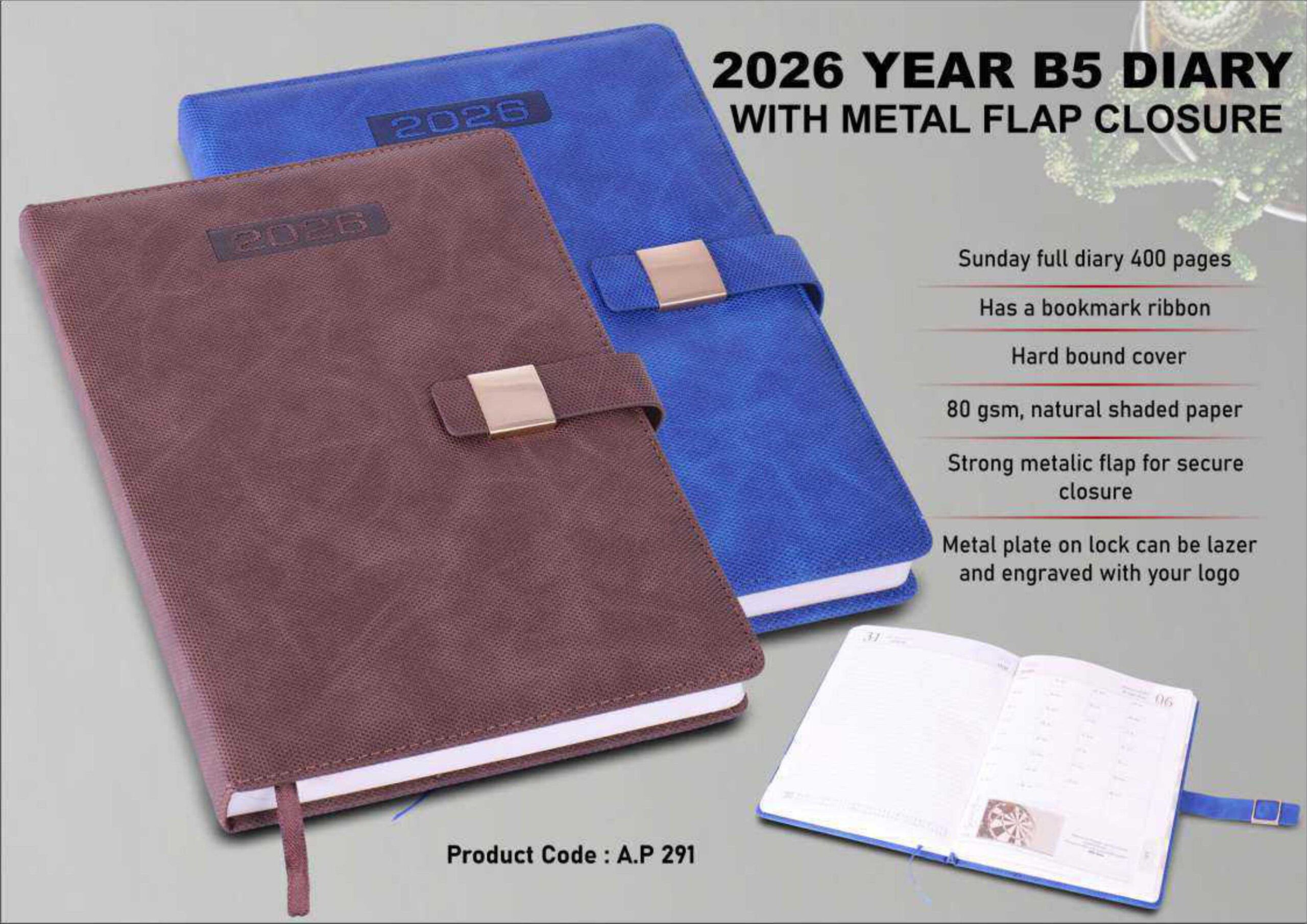2026 B5 Diary With Metal Flap Closure – Premium Hardbound Corporate Diary | Custom Engraved B5 Diary Wholesale