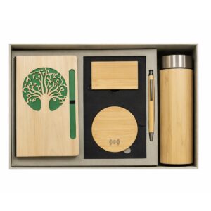 Premium 5-in-1 Event Giveaway Gift Sets – Customized Notebook, C Holder, Wireless Charger, Pen & Flask for Bulk Orders